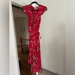 Red Floral Midi Wrap Dress
